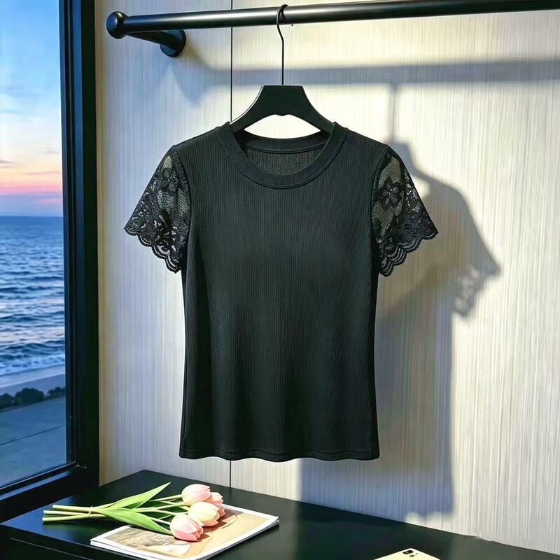 Black round-neck lace patchwork top for women, short-sleeved, with a high-end feel, paired with a Chinese-style vest for layering, slim-fit base shirt Black round-neck lace patchwork top for women, short-sleeved, with a high-end feel, paired with a Chinese-style vest for layering, slim-fit base shirt