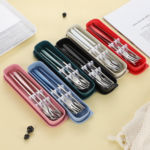 Stainless steel portable cutlery set fork spoon chopsticks Korean style three-piece set outdoor gift student with LOGO printing