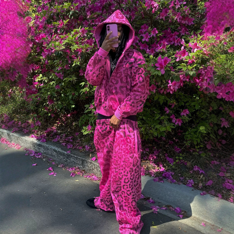 In-stock trendy new winter European and American leopard print hooded cardigan sweatshirt, loose casual hip-hop wide-leg pants