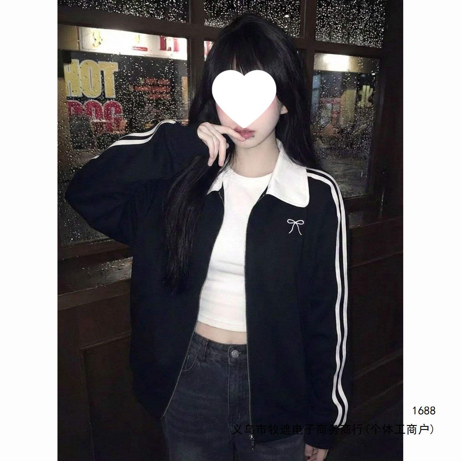 美式复古学院风翻领黑色开衫卫衣外套女宽松百搭春秋季棒球服上衣