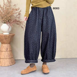 加绒加厚牛仔裤女 2025冬新款松紧腰复古宽松波点保暖哈伦裤 8083