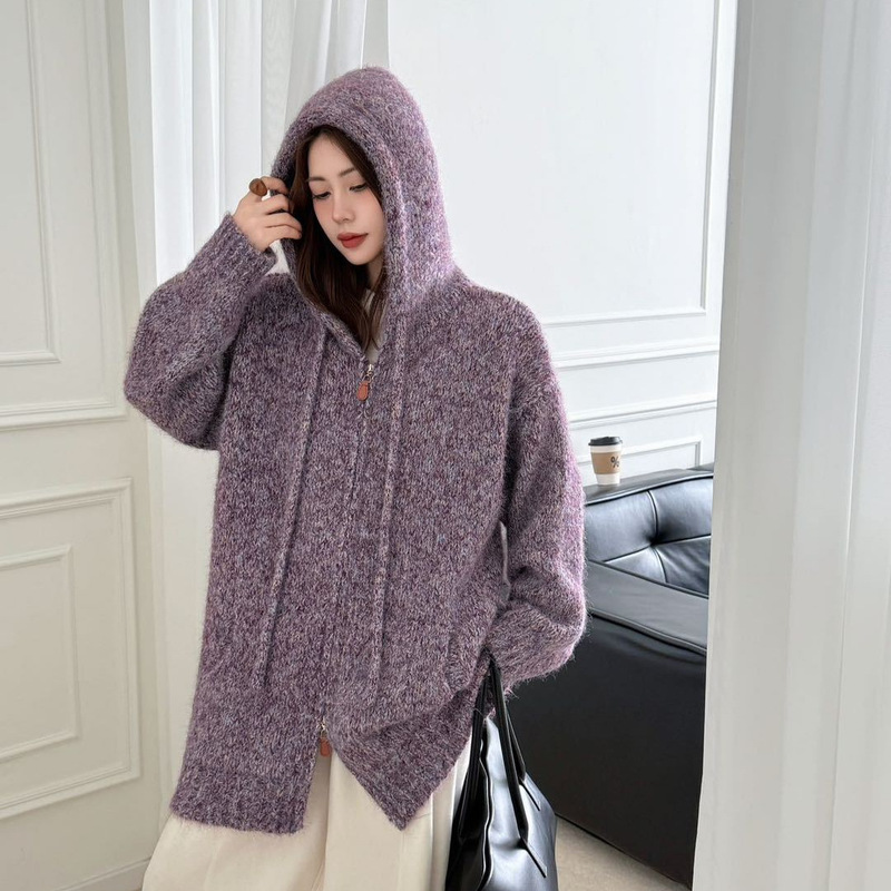 Retro Zipper Hooded Sweater Jacket for Women in Autumn and Winter New Style Loose, Lazy and Relaxed Warm Thickeneded Knitted Cardigan Retro Zipper Hooded Sweater Jacket for Women in Autumn and Winter New Style Loose, Lazy and Relaxed Warm Thickeneded Knitted Cardigan