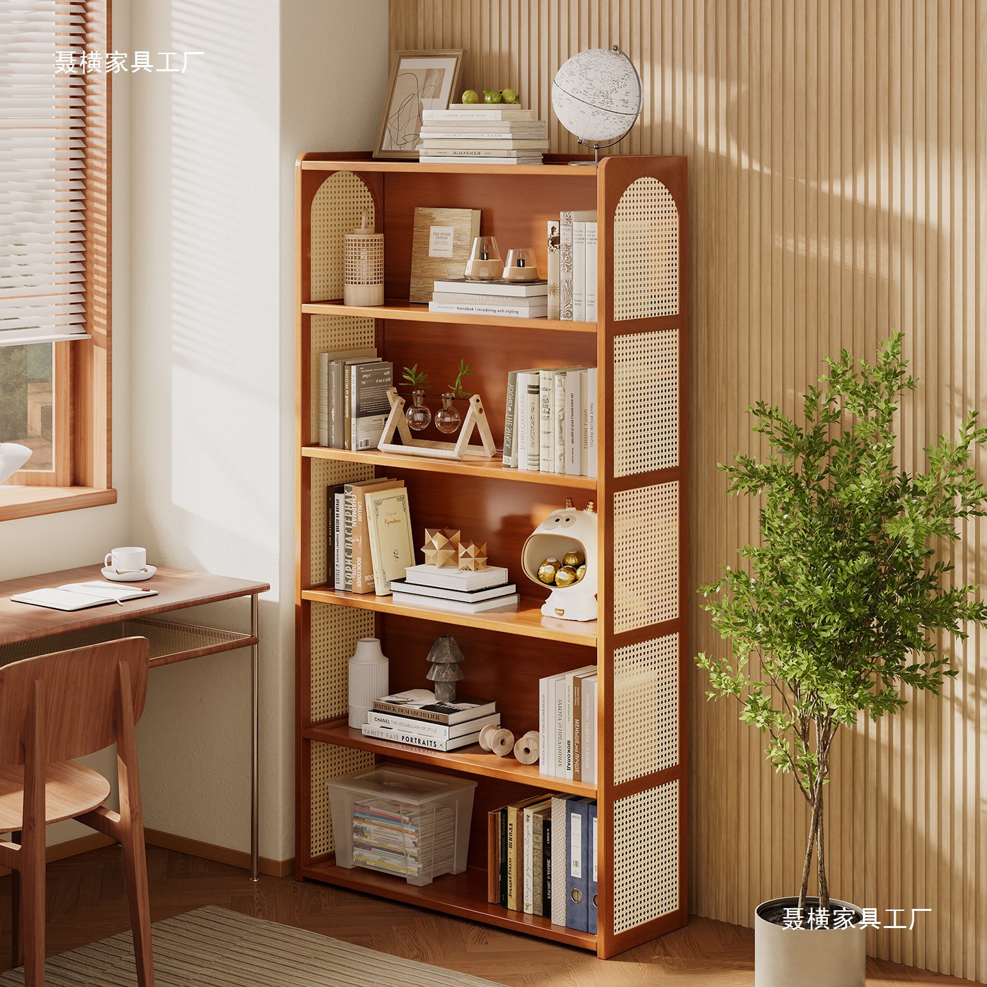 Woven Rattan Bookshelf Floor-Standing Storage Rack Integrated Wall-Mounted Living Room Home Storage Book Storage Cabinet Multi-Layer Simple Bookcase