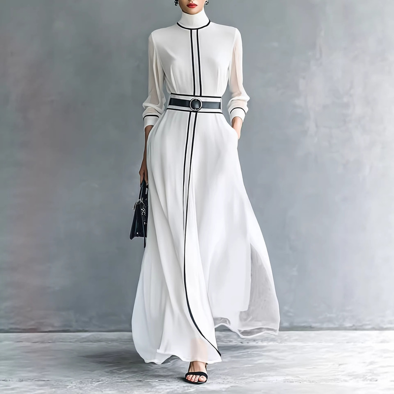 Amazon European and American Winter French Elegant Style Color-Blocking Long-Sleeve Dress High-Neck Chiffon Long Dress with Belt