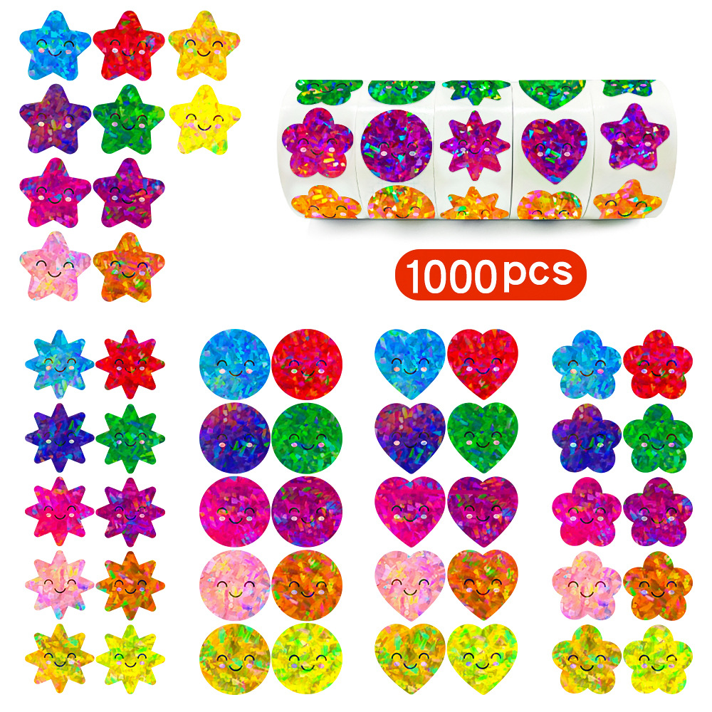 1000张1英寸，细线条笑脸五种形状文具奖励--镭射全息反光多彩校