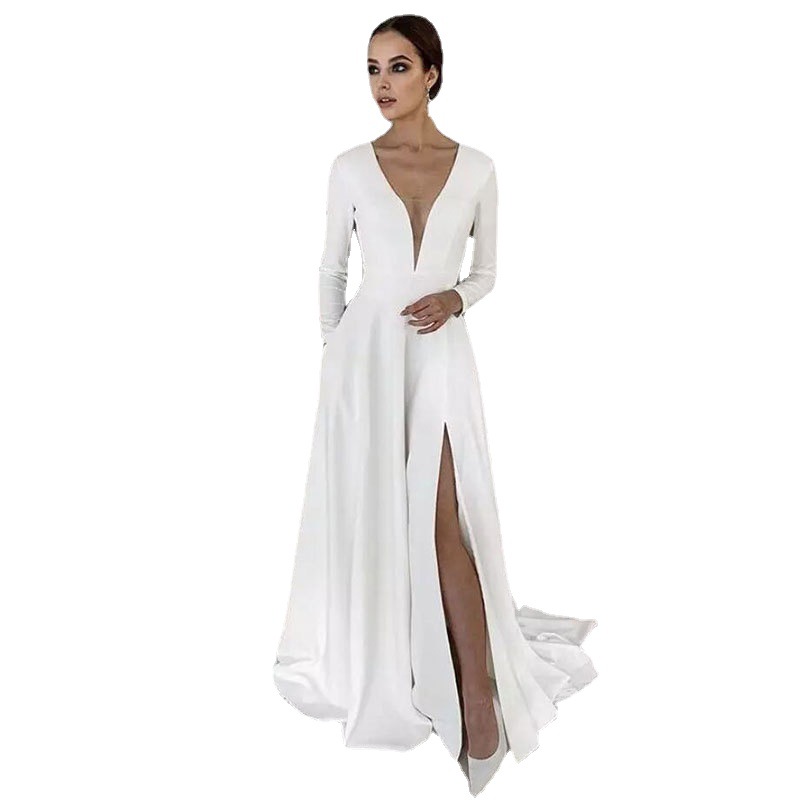 El Comercio Exterior de Europa y América Amazon AliExpress deseo elegante simple satén vestido novia manga larga profunda V sexy split personalizado