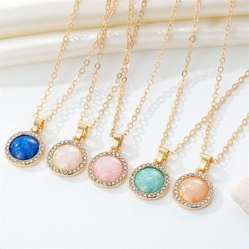Vintage Bohemian Full Diamond round Water Drop Resin Necklace Simple Opal Pendant Necklace CrossBorder Sold Jewelrypicture4
