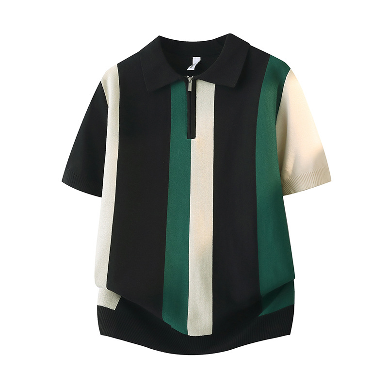 Polo camiseta camiseta de punto camiseta de manga corta camiseta de hombre a rayas solapa medio cremallera vieja fábrica de hielo de verano transfronteriza mayorista