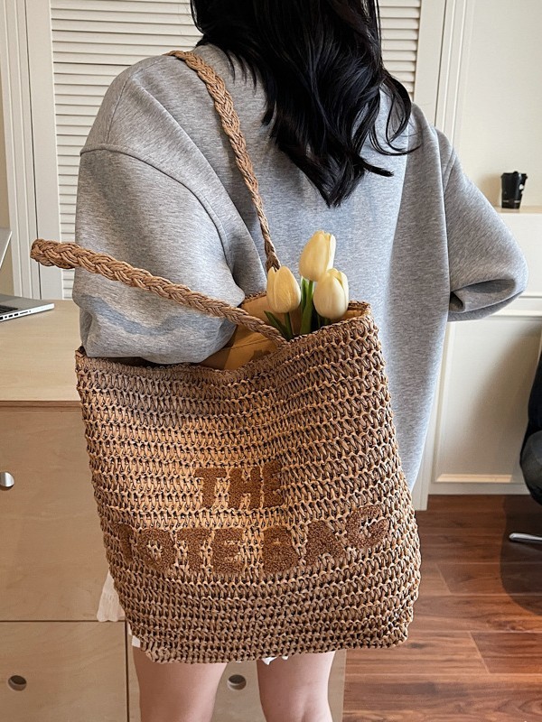 クロスボーダーレディースバッグ、パーソナライズされた刺繍文字、わら編みバッグ、レディース大容量レディーストートバッグ、文学ショルダーバッグ|undefined