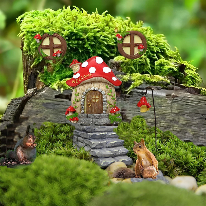  new luminous mushroom house door and window garden pendant environmentally friendly resin crafts    