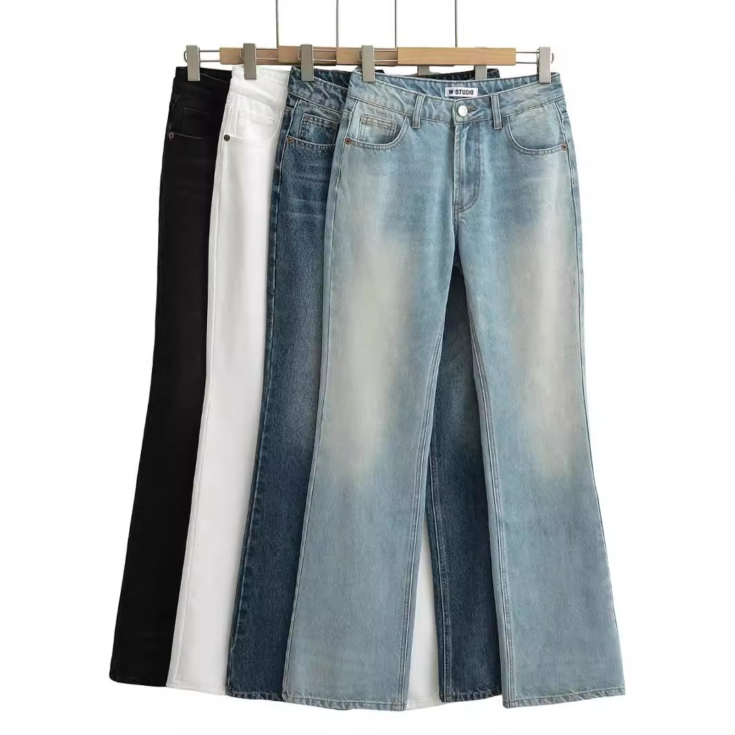2025 신상 INS 유럽풍 워싱 화이트 미드웨이스트 플레어 팬츠 롱 레그 여성 하이웨이스트 슬림 데님 팬츠