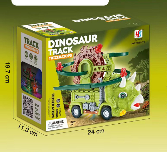 Niños transfronterizos escaleras dinosaurios pista juguete coche triceratorio deslizante coche giratorio universal juguetes eléctricos al por mayor
