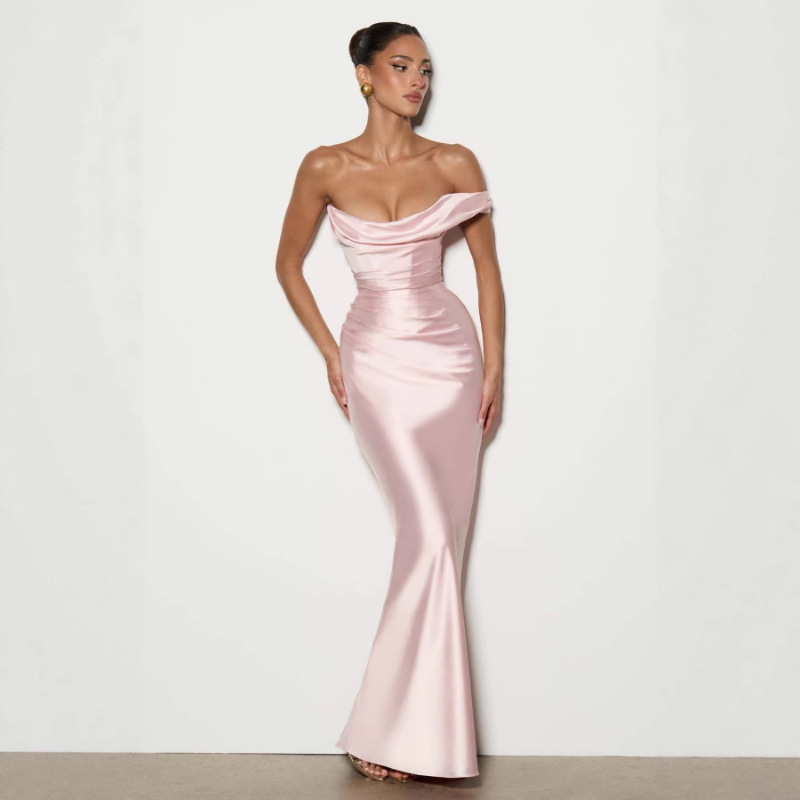 Women's Satin Long Dress European American Style One Shoulder Tie Waist Slim Fashion High End New Spring_ecoleips.com