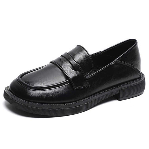 Black British small leather shoes for women with thick heels  spring and autumn new style slip-on thick heel loafers round toe two-wear women's shoes