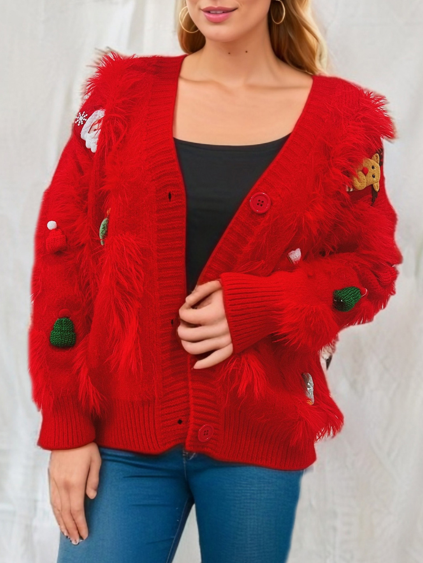 Damen Weihnachtskardigan In Rot Mit Nerzoptik Und Applikation_voghion.com