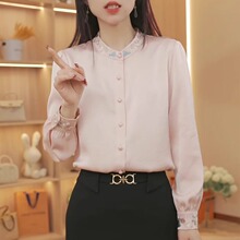 新款高档圆领领口袖口刺绣时尚百搭气质上衣衬衫女长袖显瘦A3291
