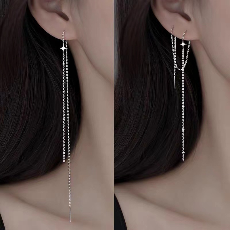 S925純銀の針の耳の線の女性の韓国版の小さい清新な長いタイプの気質の耳の鎖の星のデザイン感の小さい大衆のネットの赤い耳飾り|undefined