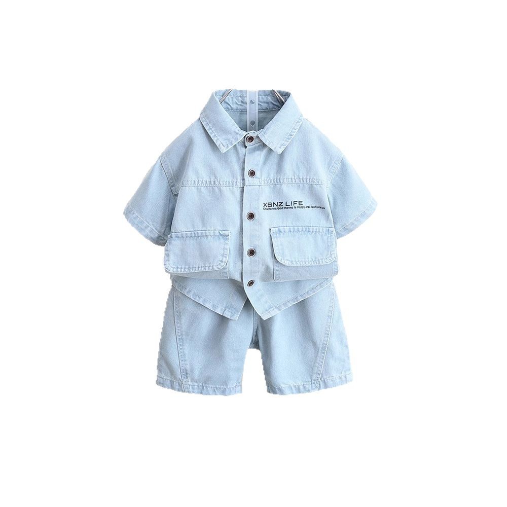 8088 traje de verano para niños 2025 nuevo traje de manga corta de mezclilla de moda para niños ropa fina de verano para bebés