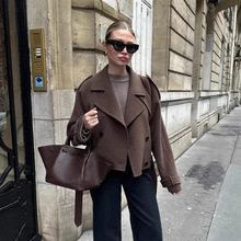 跨境欧美女装速卖通休闲宽松双扣翻领气质呢子外套棕色短款上衣