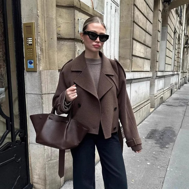 跨境欧美女装速卖通休闲宽松双扣翻领气质呢子外套棕色短款上衣