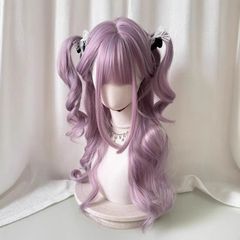 かつら ピンクパープル 女性用 スイートガール系 量産型 ダブルポニーテール ロングカールヘア ロリータ風 前髪あり フルウィッグ