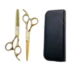 Golden hand-shaped flat scissors + dental scissors + leather bag