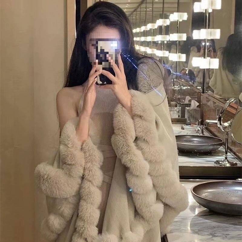 Сетка красный сладкий волосатый милый плащ с юбкой осень-зима двухслойный вязаный платок маленькая девочка дикая куртка