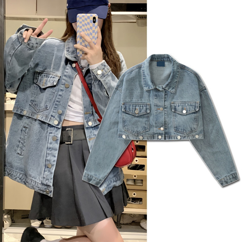 Design retro denim autumn demi-season removable jacket for students