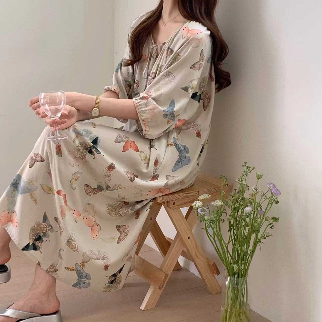 Camisón mujer verano falda larga de playa delgada pijama de seda de algodón primavera y otoño damas estilo de vacaciones ropa de hogar de seda de algodón de gran tamaño