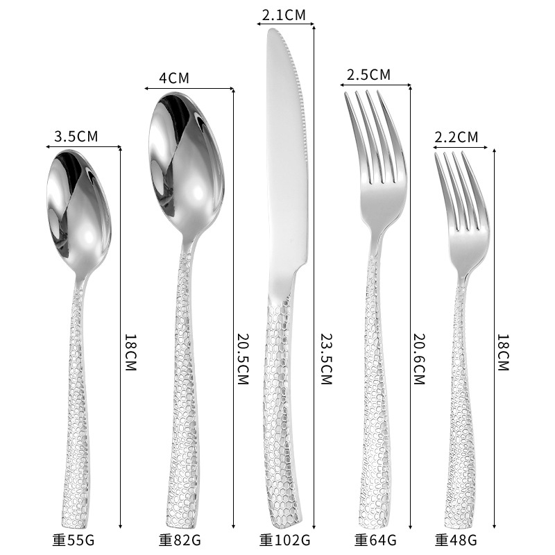 Cross-border de acero inoxidable 430 cuchillo y tenedor con patrón de martillo cuchara de postre piel de serpiente vajilla occidental dorada cubo de agua filete juego de cuchillo y tenedor