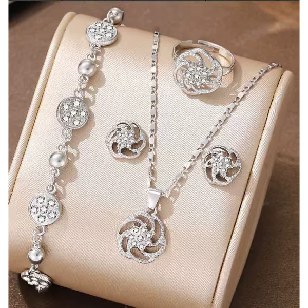 Cross-Border Foreign Trade Snowflake Necklace Bracelet Ring Earrings Set European and American Simple Jewelry Accessories Multi-Piece Set Ready for Sale