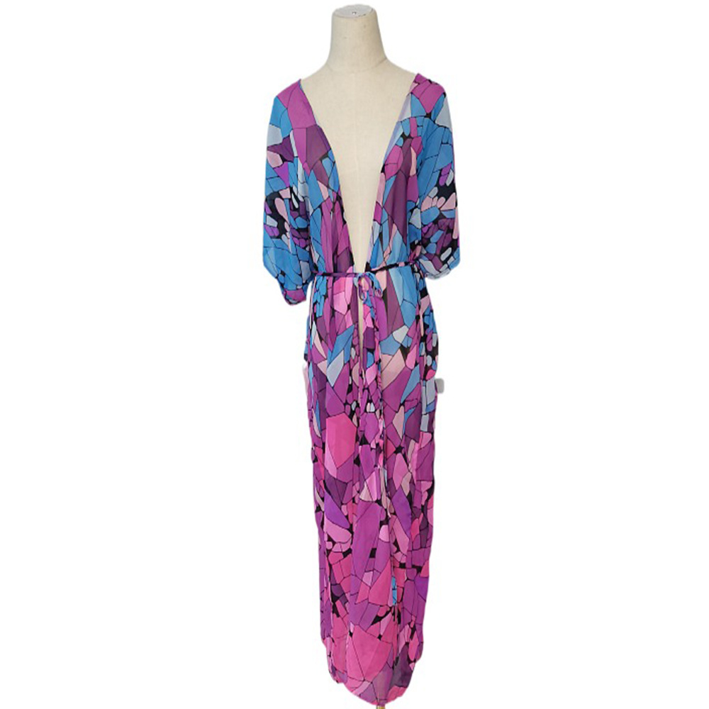 Blusa de playa europea y americana gasa impresa suelta vacaciones protector solar cardigan bikini blusa traje de baño chaqueta XF11