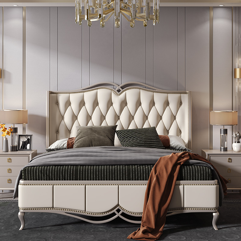 轻奢全实木雕花双人床婚床简约主卧公主美式床真皮欧式大床1.8米
