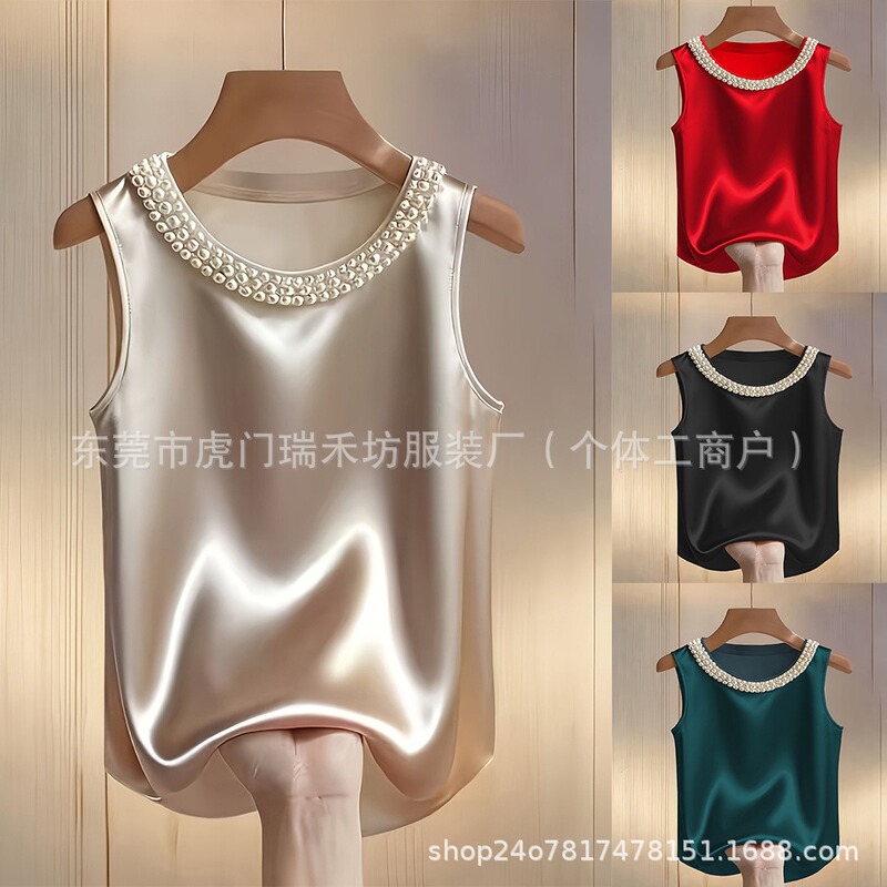 2026 Satin French-Style Pearl Round-Neck Top for Spring and Summer, Amazon Tk Solid Color Sleeveless Vest for Women 2026 Satin French-Style Pearl Round-Neck Top for Spring and Summer, Amazon Tk Solid Color Sleeveless Vest for Women