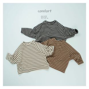 Korean Japanese Style 25 Autumn New Children's Long Sleeve Base Shirt Sanding Crewneck Striped T-Shirt Base Shirt for Boys and Girls