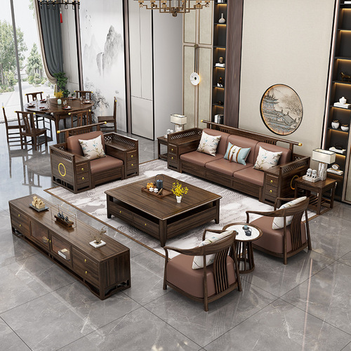 Wujin wood new Chinese style all solid wood fabric sofa modern light luxury living room small apartment simple dual-purpose storage furniture