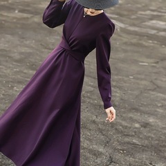 2025秋冬新款气质收腰显瘦轻奢大摆礼服裙长袖紫色连衣裙女