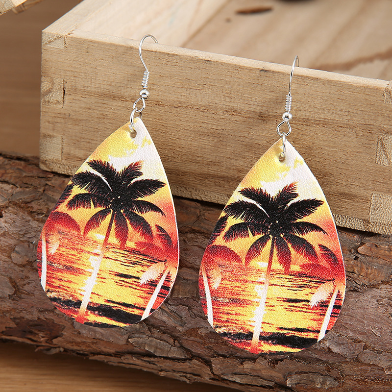 Coconut Tree Leather Seaside Holiday Sunset Printed Earrings display picture 2