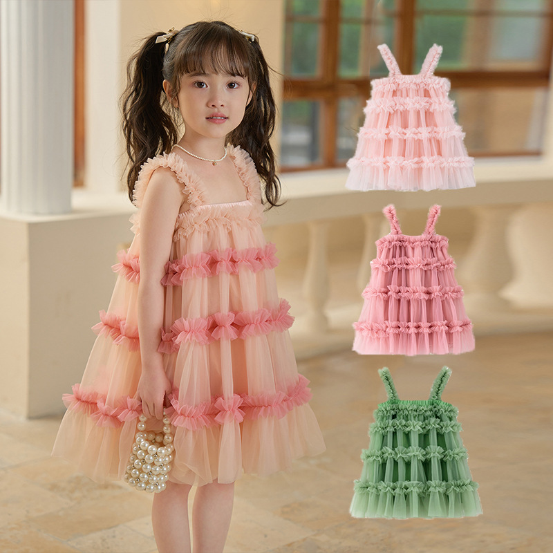 Girls' 2026 Summer New Style Princess Dress, Little Girl's Puffy Short-Sleeved Mesh Dress, Baby Suspender Dress