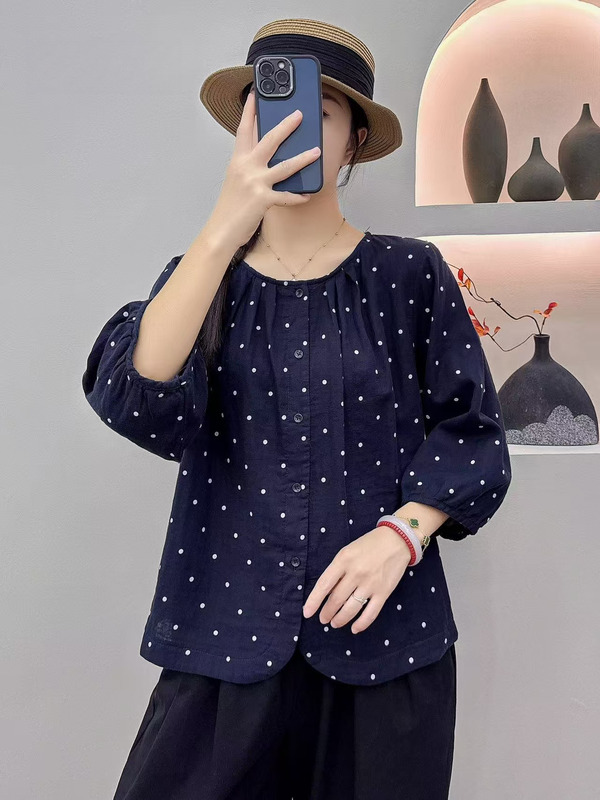 文艺小碎花印花圆领双层棉纱衬衫女秋季新款宽松大码休闲显瘦上衣|undefined