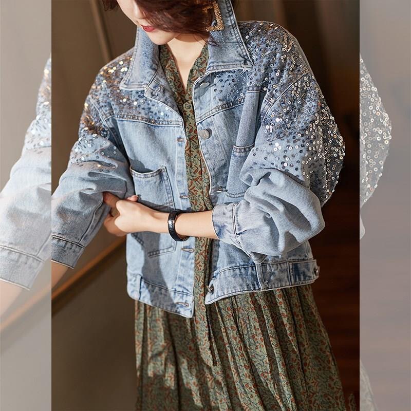 Denim Jacket 2026 Fashion Sequin Denim Jacket for Women European Style Short Loose Slimming Top for Petite Figures Denim Jacket 2026 Fashion Sequin Denim Jacket for Women European Style Short Loose Slimming Top for Petite Figures