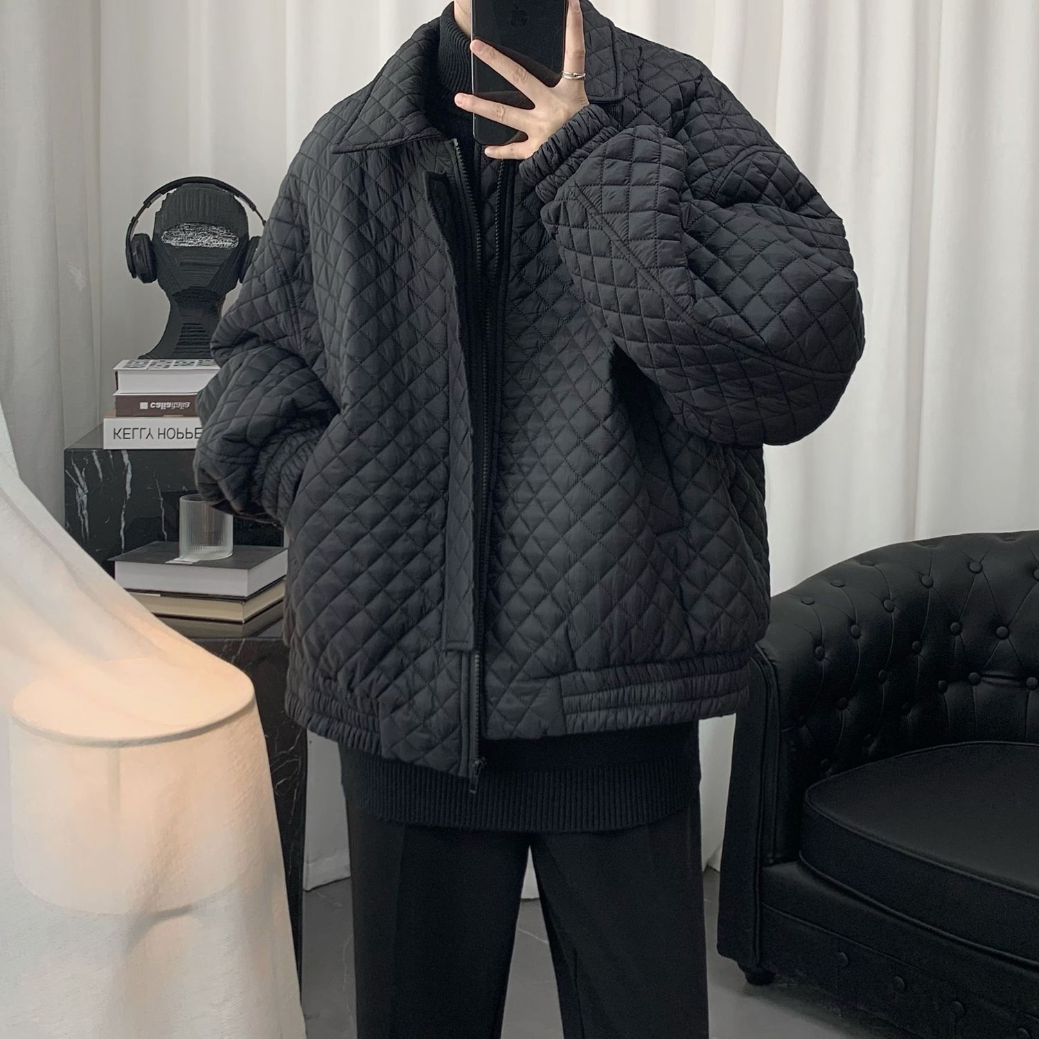 高级设计感小众棉服男潮牌ins菱形格短款棉衣男宽松冬季外套套装