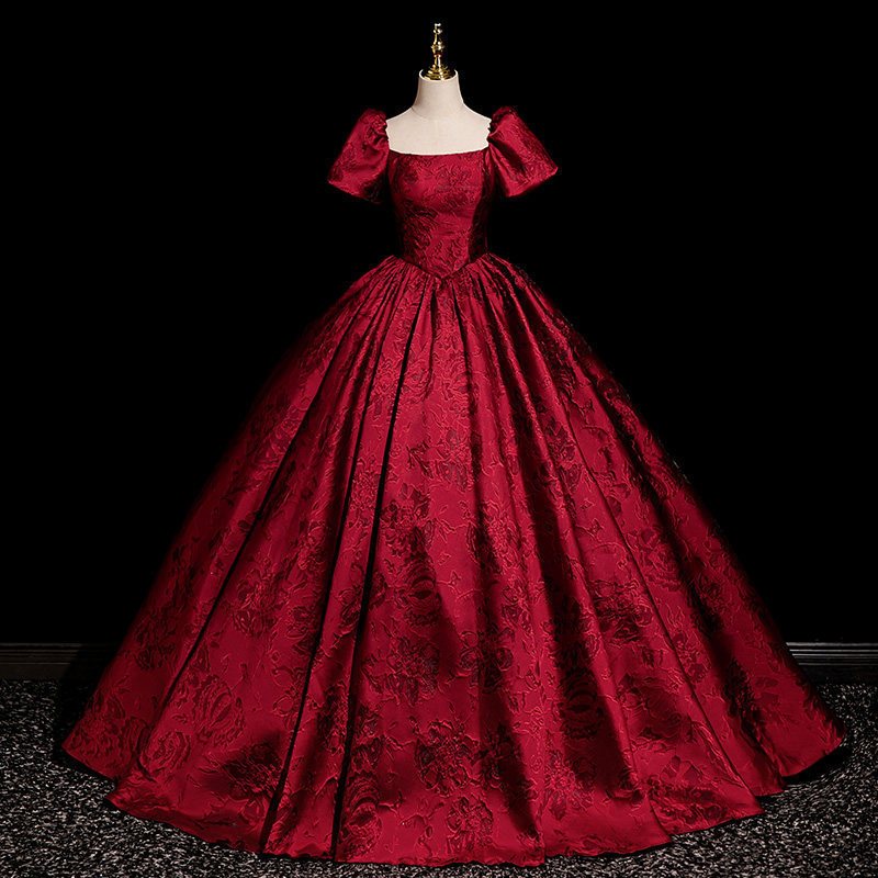 Burgundy Court-Style Vintage Wedding Dress for Women, Off-Shoulder, Large Hem Evening Gown, Engagement Toast Dress, Banquet Dress Burgundy Court-Style Vintage Wedding Dress for Women, Off-Shoulder, Large Hem Evening Gown, Engagement Toast Dress, Banquet Dress