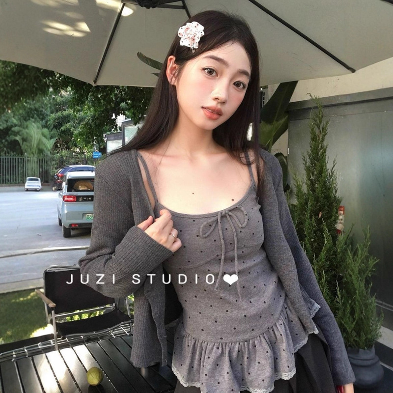 Pphome Sweet Ruffled Polka Dot Camisole Women's Autum Korean Top Cardigan Short Jacket Two-Piece Set