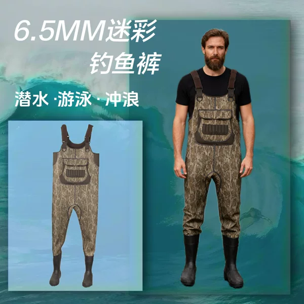 Camouflage One-Piece Wading Pants 6.5mm Warm and Wear-Resistant Hunting Sea Fishing Waterproof Fishing Fishing Creek Fishing Hunting Fishing