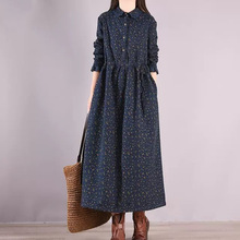 2024春季新款加绒长裙子女休闲宽松小碎花收腰系带长袖打底连衣裙