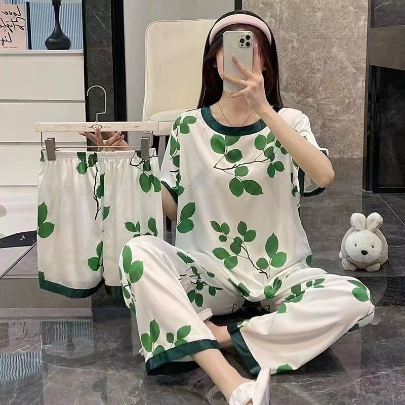 [conjunto de tres piezas] pijamas de mujer nuevo cuello redondo de verano manga corta ropa casera casual pantalones cortos sueltos set