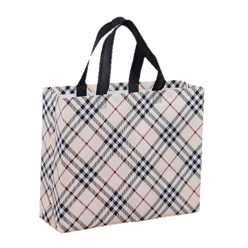 Bolsas de tela no tejida recubiertas de cuadrícula beige personalizadas atmósfera simple de alto valor de color bolsas de hombres y mujeres clásicas impermeables engrosadas