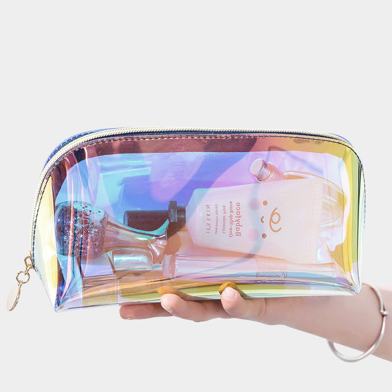 Bolsa de cosméticos personalizada estilo ins transparente y simple bolsa de concha de TPU coreana nueva bolsa de almacenamiento de maquillaje semicircular láser