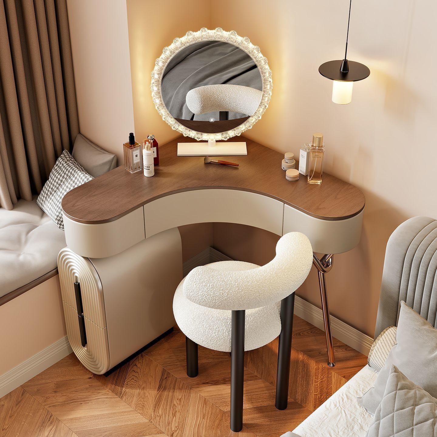 Mini estilo italiano arco armario de tocador en una pequeña esquina de dormitorio triangular mini mesa de maquillaje de lujo